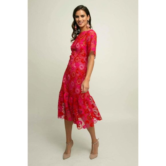 Eva Franco fitted lace Red Midi Flounced Wedding Guest fuchsia 3/4 sleeves - Picture 3 of 5